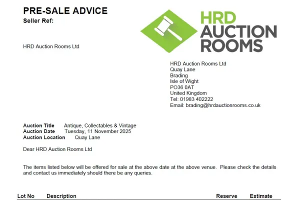 Pre-sale advice letter from HRD Auction Rooms Ltd, with the logo on the right; includes auction title, date, location and a table of lots.