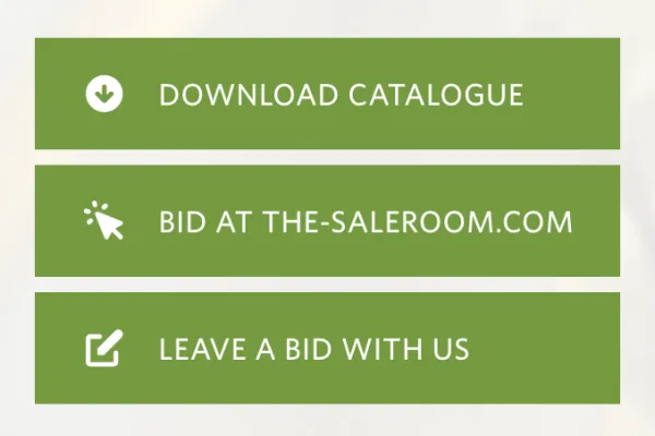 Three green rectangular buttons with white icons and text: Download Catalogue; Bid at the-saleroom.com; Leave a Bid with Us.