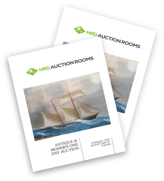 Two overlapping white HRD Auction Rooms flyers featuring a sailing ship painting; antique & modern one-day auction, Tue 12th Aug 2025 at 9:30 AM.
